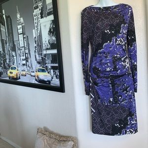 NICOLE MILLER ARTELIER ruched dress, purple black white, long sleeves. L EUC